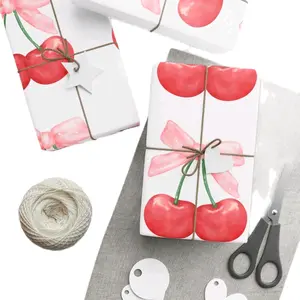 Cherry Red Pink Girly Wrapping Paper - Matte Finish, 30" × 36", 90gsm, One-Side Print, High-Quality Paper from Germany custom wrappingpaper ribbon cherry wrapping papers Christmas Themed