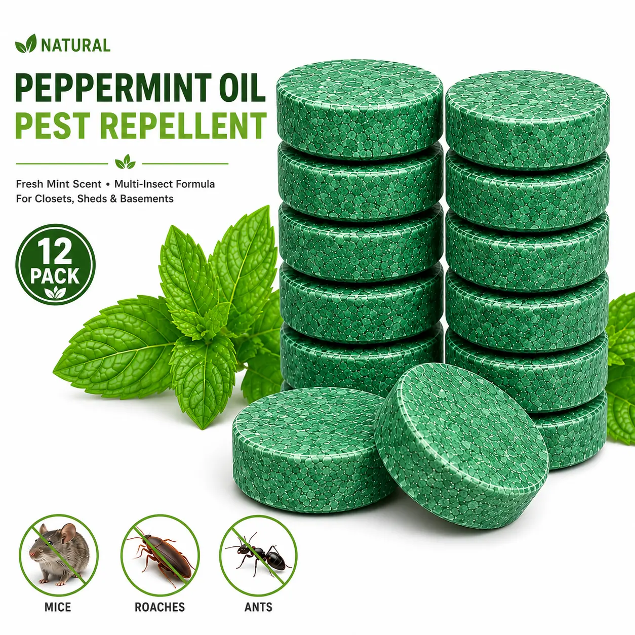 12-Pack Natural Peppermint Oil Pest Repellents - Fast-Acting, Eco-Friendly, Cost-Effective, User-Friendly, Long-Wearing Multi-Insect Formula for Major Cockroach Specie, Closets, Sheds and Basements (Mouse Rat Deterrent, Mice Repellent Indoor) kitchen