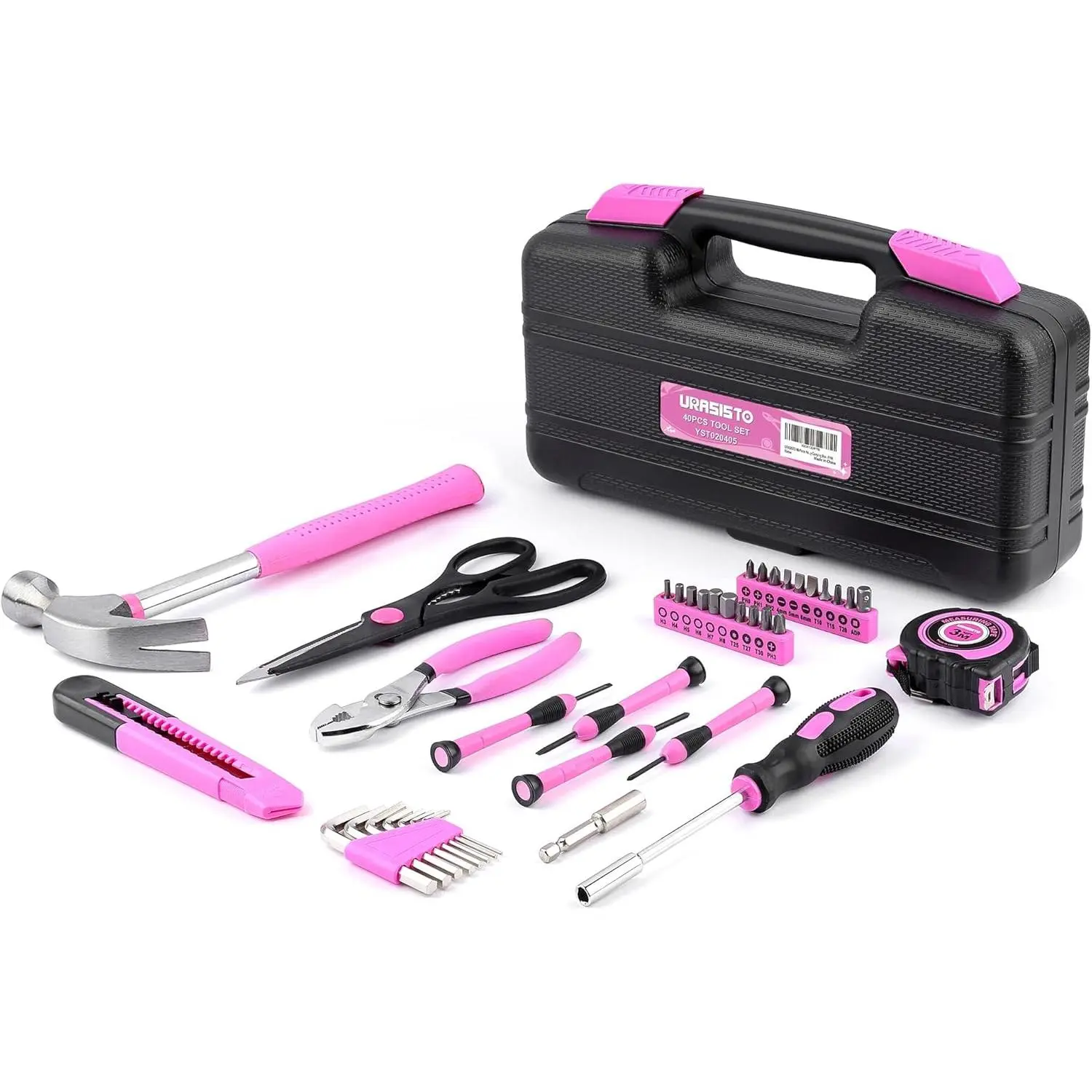 40-Piece Home Tool Kit with Easy Box, Hand Tool Set Perfect for DIY Building, Home Maintenance and Woodworking, Great for College Students - PINK