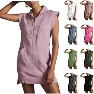 Tanming Womens Half Zip Sweatshirt Dresses  V Neck Sleeveless Pullover Tunic Tops Mini Dress
