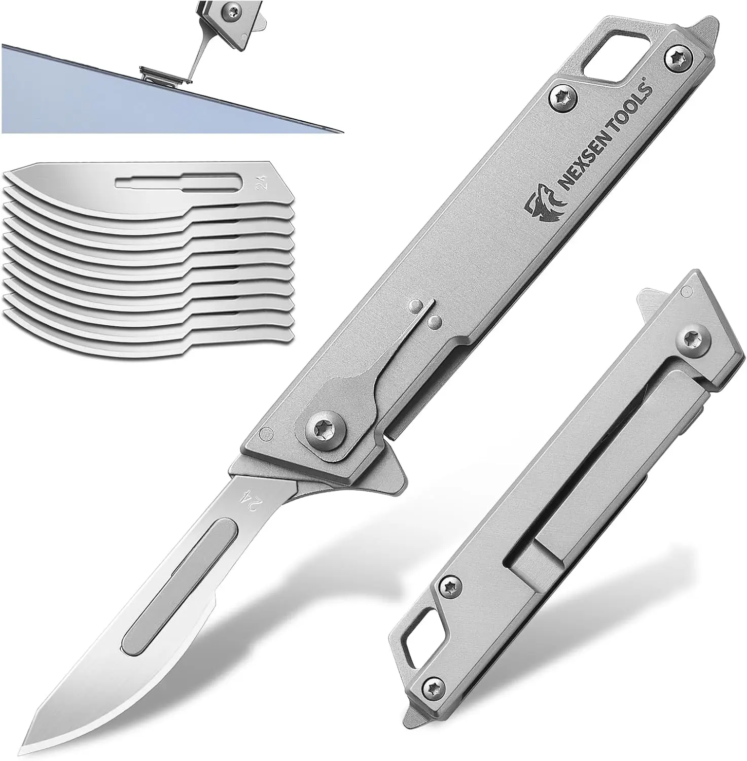 NEXSEN Folding Scalpel Knife, Scalpel Pocket Knife, Small Box Cutter with 10pcs #24 Replaceable Razor Blades,EDC Utility Knife with Frame Lock,SIM Extractor，Small Keychain Knives for Women Men（Silver）