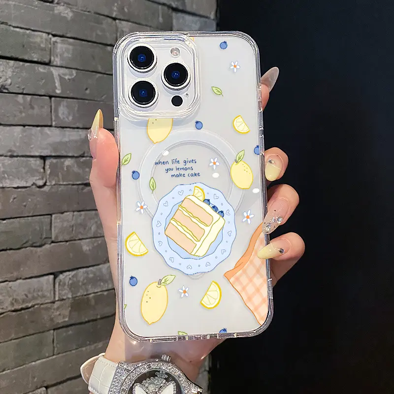 Magnetic TPU Silicone Soft Cover Protector for iPhone 1/12/13/14/15/16/17 & Pro Max - MagSafe-Compatible, Lightweight, Scratch-Resistant Smartphone Cellphone Handheld Devices Accessory (Lemon Blueberry Cake Aesthetic)