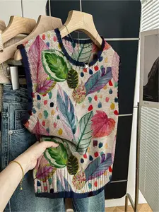 1 piece Spring and summer back-to-school casual style loose round-neck sleeveless woolen knitted top with dark blue trim and contrasting color patchwork leaf print for women, Casual comfy vest