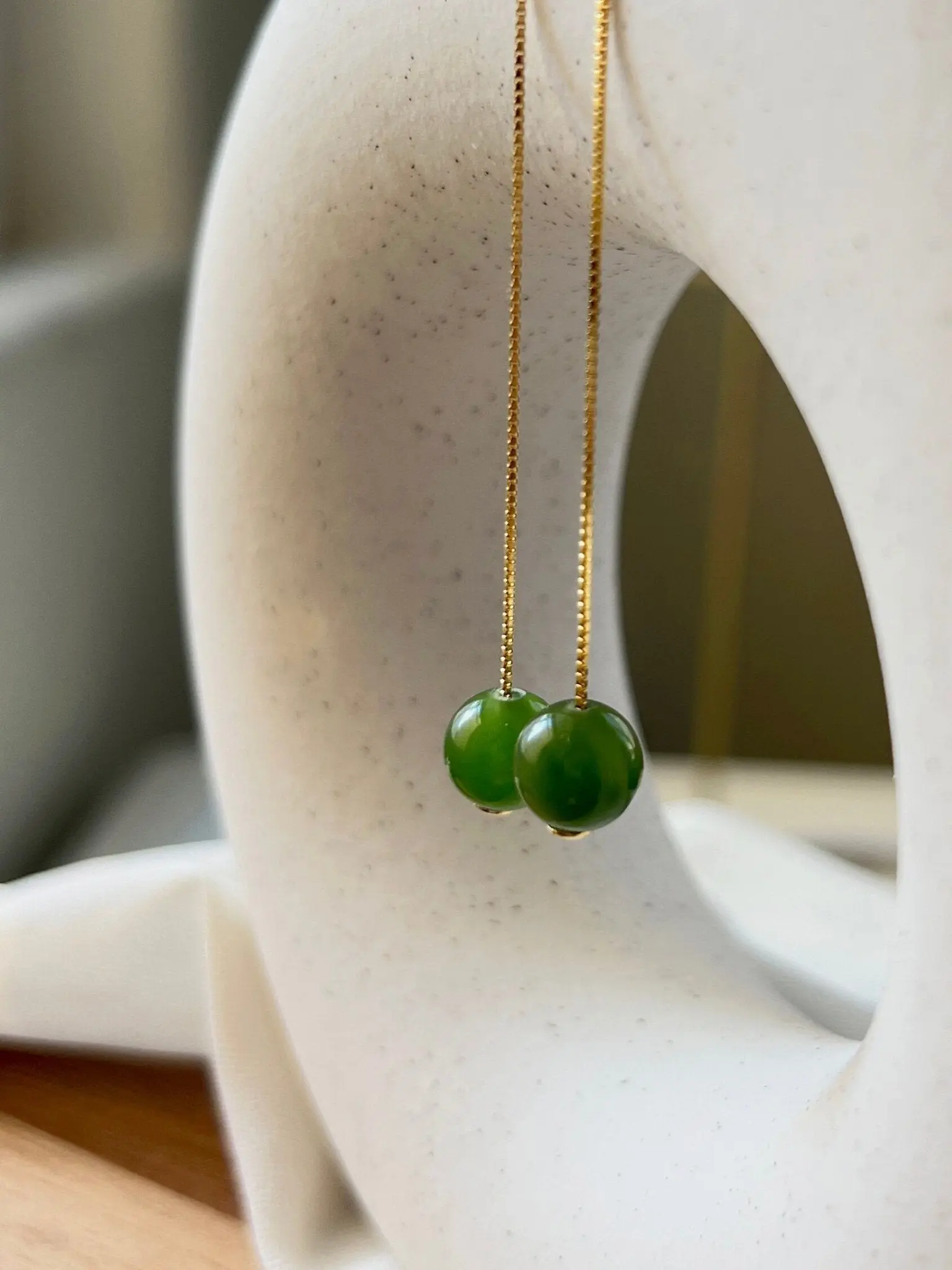 Natural Hetian Jade Long Drop Earrings,  Nephrite Long Threader