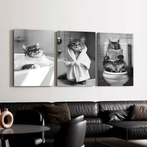 Funny Cat Bathroom Prints Poster Black and White Animal Photos, Home Bathroom Toilet Wall Decor
