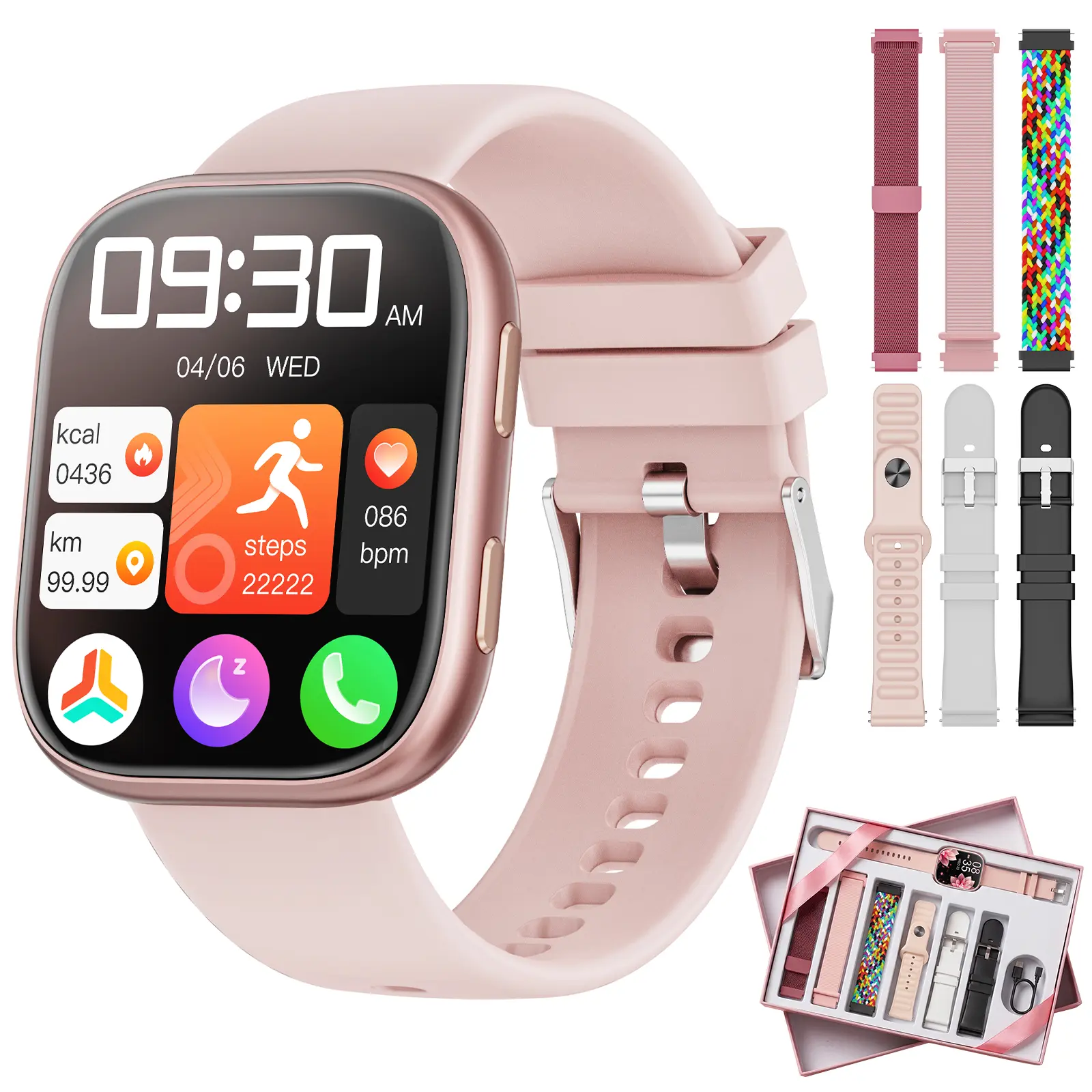 Women's 1.85" AMOLED Screen Digital Smart Watch - Wearable Wireless Wristwatch with Bluetooth Calls, AI Control, Calorie Tracker, Music Player, Pink Silicone Band, 7 Silicone Bands Gift Set (Phones & Electronics, Smart Watches)
