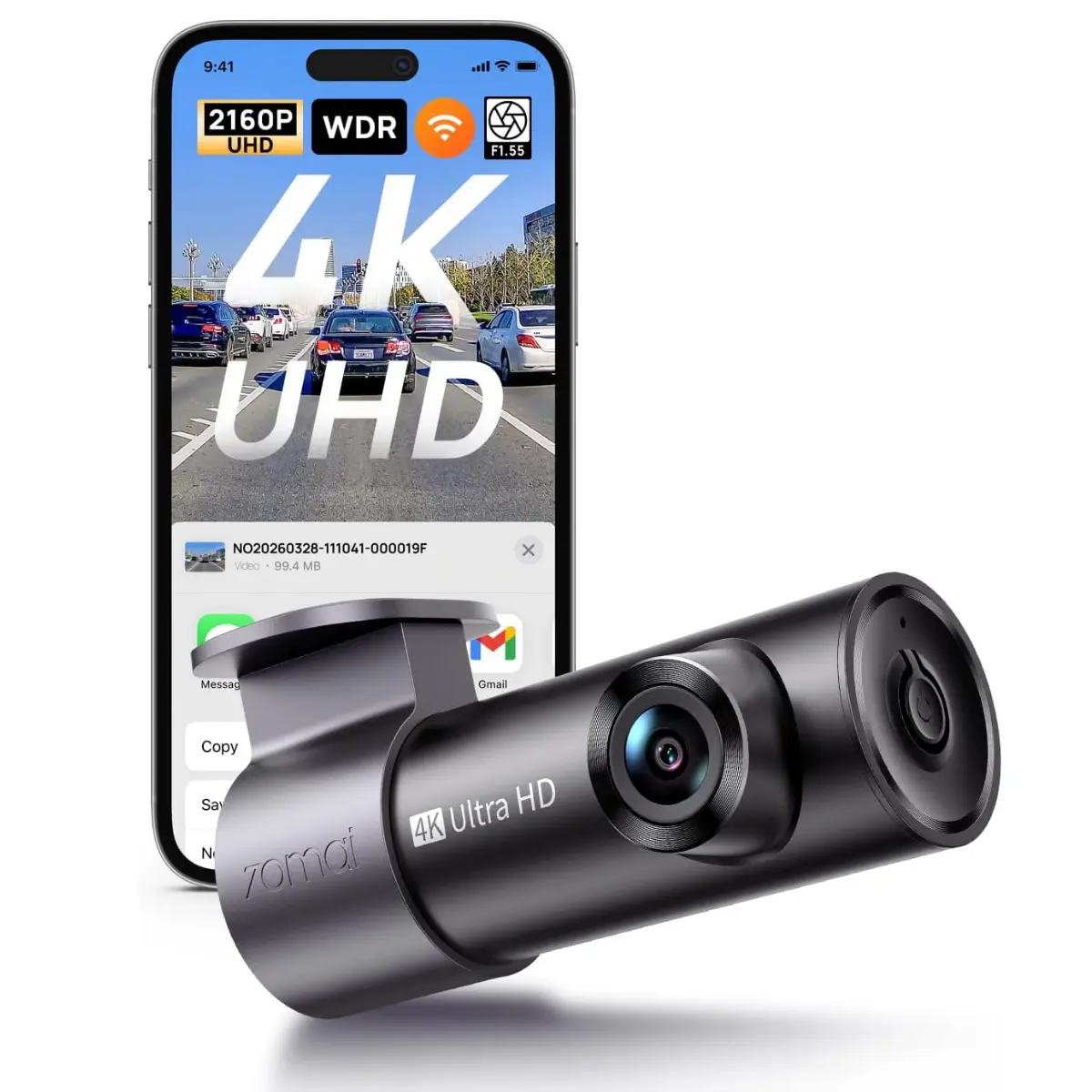 70mai M310 Plus 4K Front Dash Cam with Night Vision, 140° Wide Angle, WiFi & App Connectivity, Parking Mode, G-Sensor, Loop Recording, Voice Control, Easy Installation for Cars