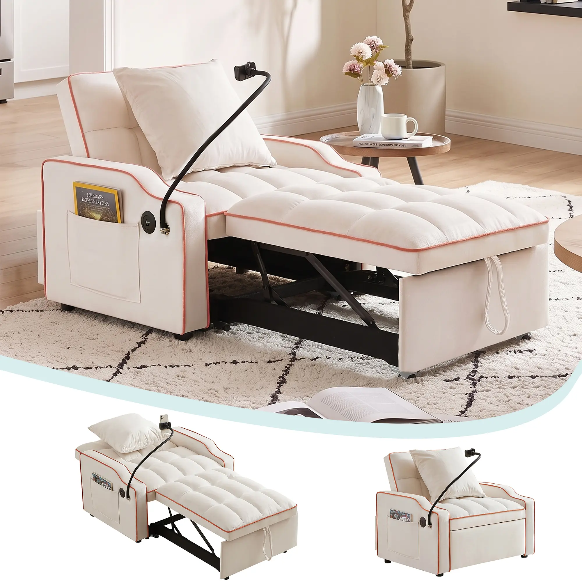 Eyisean Upholstered 3-in-1 Convertible Sleeper Sofa Chair with Chaise, Phone Holders, USB/Type-C Ports, Adjustable Back, Pocket, Cushion & Supportive Construction, Single Pull Out Sofa Bed for Apartment, Sofa With Chaise