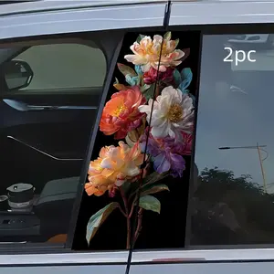 2pcs Colorful Peonies Car Sticker B-Pillar DIY Middle Pillar Film Decorative Car Accessory Sticker For Cars