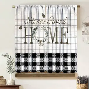 2 Panel 28"X40" Rustic Farmhouse Curtains, Sweet Home Cotton Wreath Black White Check Decor Vintage Rural Barn Wooden Plank Drapes, Blackout Rod Pocket Window Treatments For Living Room Bedroom Kitchen
