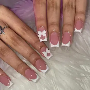 Cute Bow Decor Square Fake Nails, 24pcs French Style Press On Nails with 1 Nail File & 1 Sticker Sheet, Elegant Stick On Nails Kit, Manicure Accessories, Nail Art Products, Nail Decoration, Easy to Apply