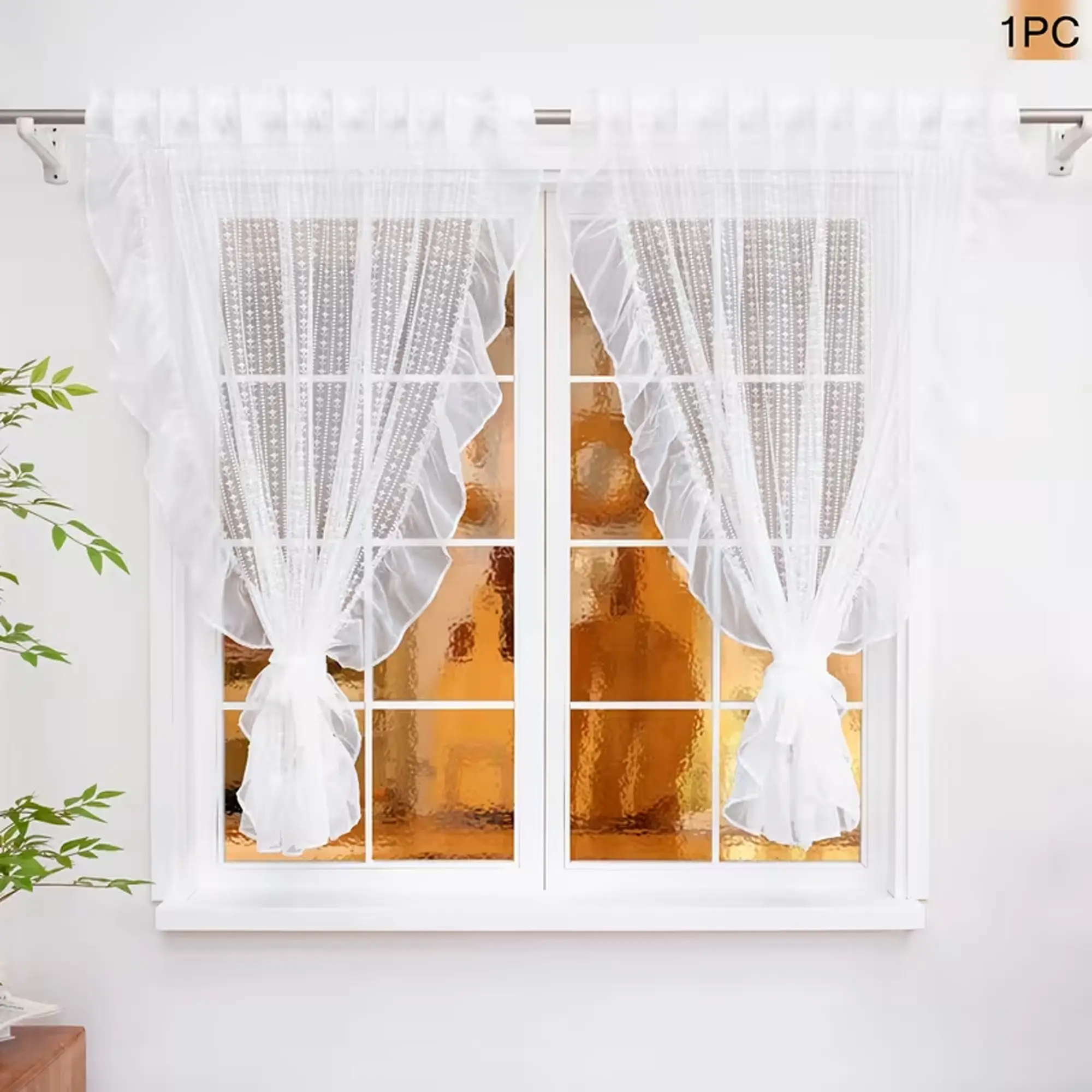 1pc French Romantic Sheer Ruffled Curtain, Rod Pocket Design, Small Window Gentle Atmosphere, Modern Home Decor