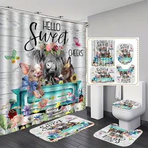 HOT 4-Piece Rustic Farmhouse Shower Curtain Set - Waterproof  Non-Slip  and Mildew-Resistant with Floral Pattern - Includes Shower Curtain  Hooks  Rug  Lid Cover  and Toilet Mat for Bathroom Decor and Room Decoration