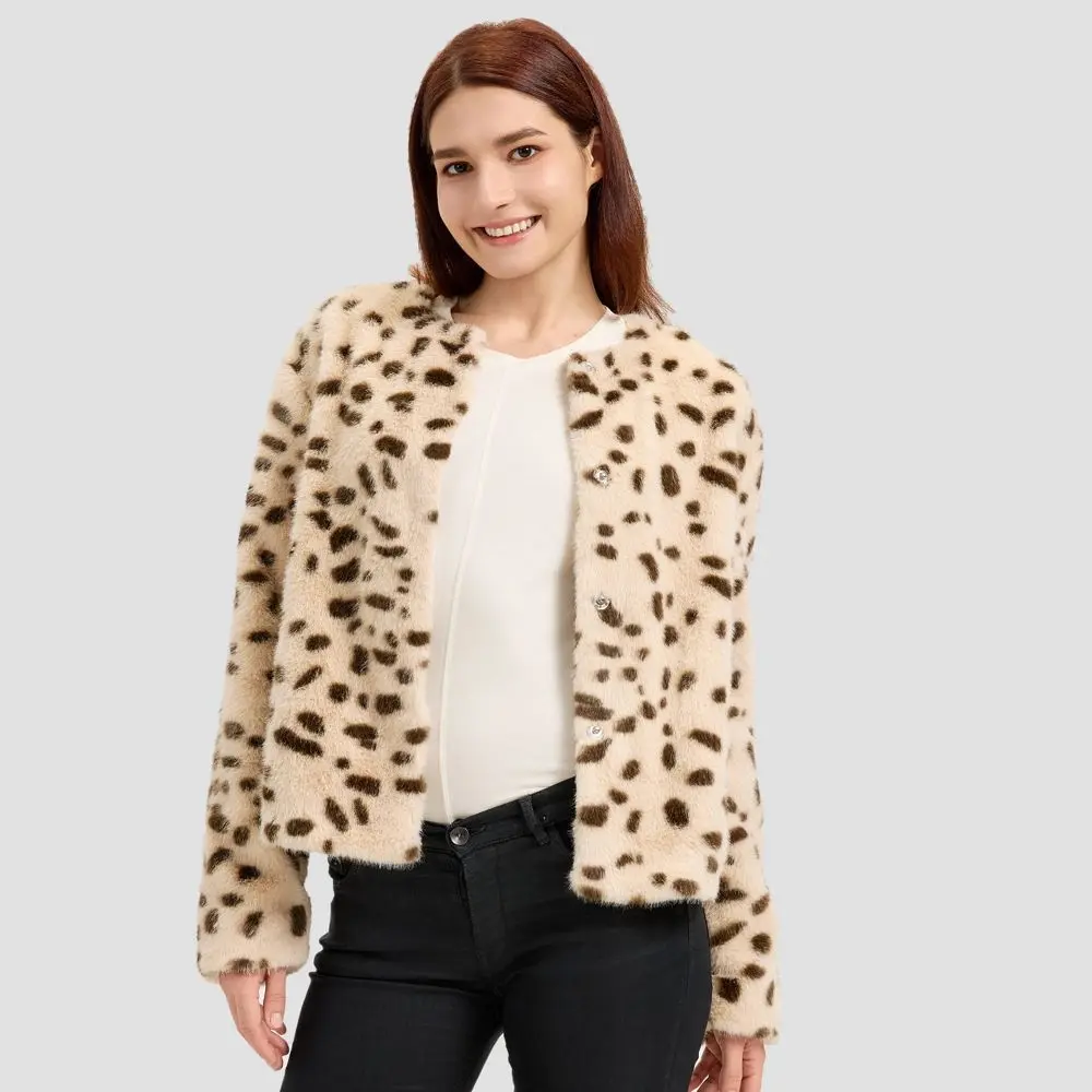 Women's Polyester Plush Faux Fur Coats - A New Day, Leopard Animal Print, Soft Fabric, Functional Hip Pocket, Snap Closure