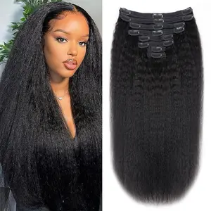 Kinky Straight Clip in Hair Extensions for Black Women Full Head Yaki Straight Clip Ins Synthetic Hair Extensions 8pcs/set