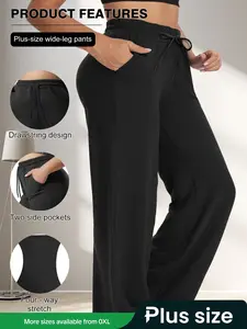 Plus Size Women's Business Casual Pants, Elastic Waistband, Pocket Design, Comfortable Fit for Work & Daily Wear