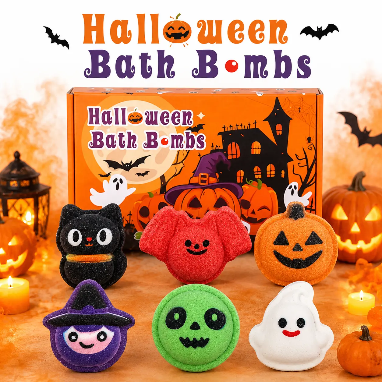 LAMY Halloween Bath Bomb Gift Set for Kids & Women, 6 Cute Spooky Bath Bombs with Pumpkin, Ghost, Witch, Bat, Black Cat & Skull Shapes, Fun Bath Time, Halloween Gifts, Party Favors & Trick-or-Treat Gifts, Gentle for Bath Time