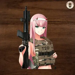 Zero Two Waifu Vinyl Sticker, Pink-Haired Anime Girl in Tactical Gear with Rifle Design, Military Style Decor for Laptop and Bottle