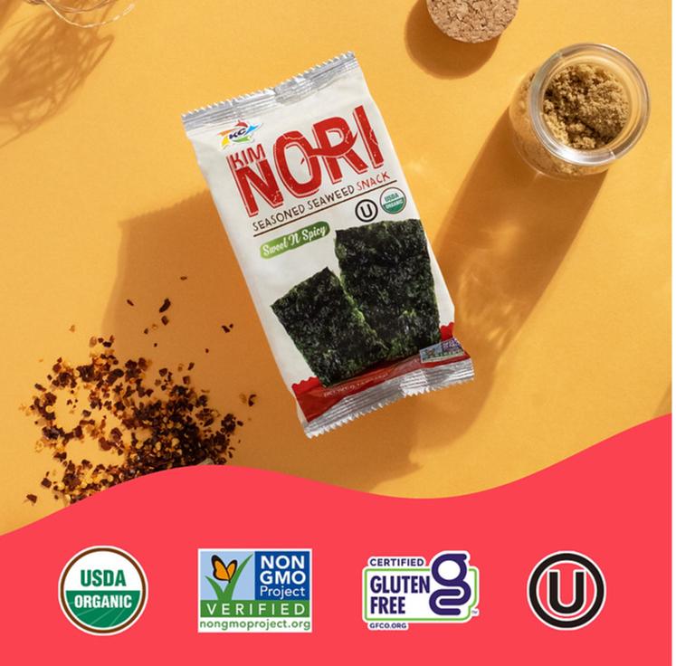 KIMNORI Seasoned Seaweed Snacks Sheets – Organic Sweet 'N Spicy Flavor 12 Individual Packs Roasted Crispy Premium 100% Natural Laver Kim Nori 4g 0.14 Ounce