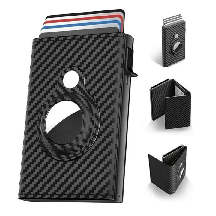 Men's Minimalist Wallet with AirTag Compartment & RFID Blocking, Smart Wallet Leather Card Holder for Men, Carbon Fiber, 9-14 Card Capacity | ID Window | Cash Slot  (AirTag Not Included)