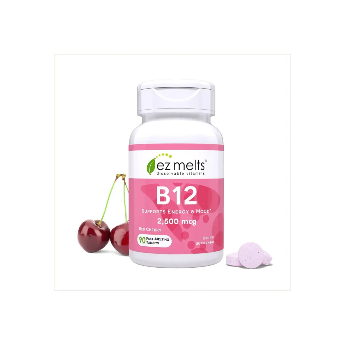 EZ Melts Dissolvable Methylcobalamin B12 Tablets, 2500 mcg, 90 Red Cherry Flavor, Sublingual for Energy & Immune Support, Non-GMO, Vegan, Gluten-Free