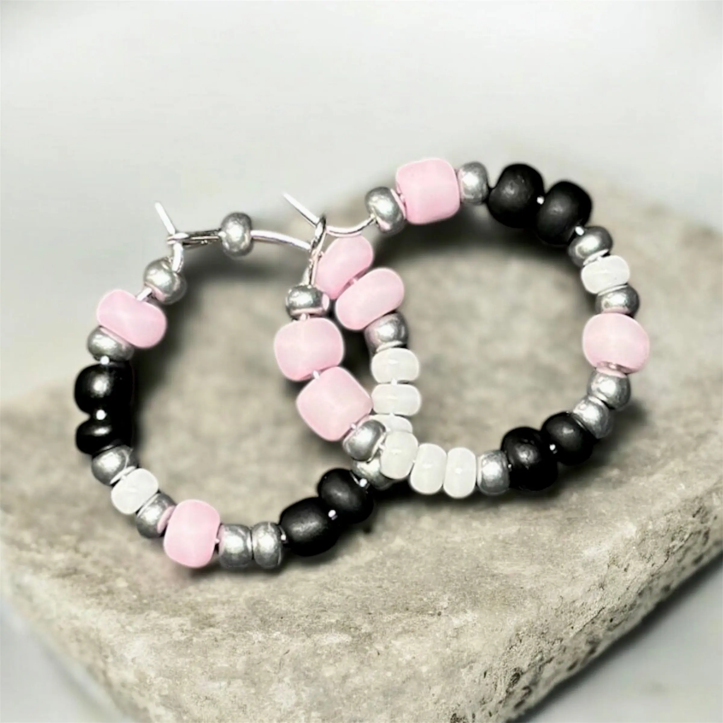 Pink, White & Black Beaded Hoop Earrings (Small)