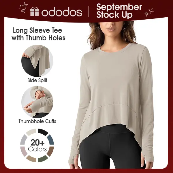 ODODOS Women's Long Sleeve Thumb Hole Crop Top - Daily Wear Sportswear, Gym Clothes, Workout Tops, Gym-to-Casual Slip-On Pullover for Quick Dressing, Yoga, Travel Essentials