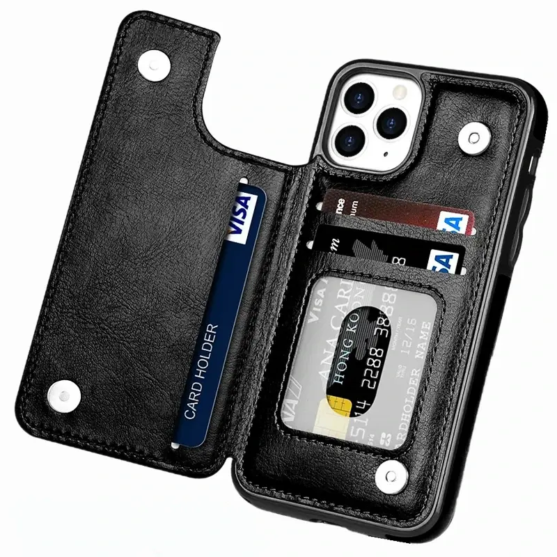 Premium PU Leather Wallet Phone Case with Card Holder, Kickstand Function & Double Magnetic Closure, Durable Shockproof Protective Cover for iPhone 11/12/13/14/15/16/17 Pro Max Series, Elegant Business Style Mobile Wallet Case