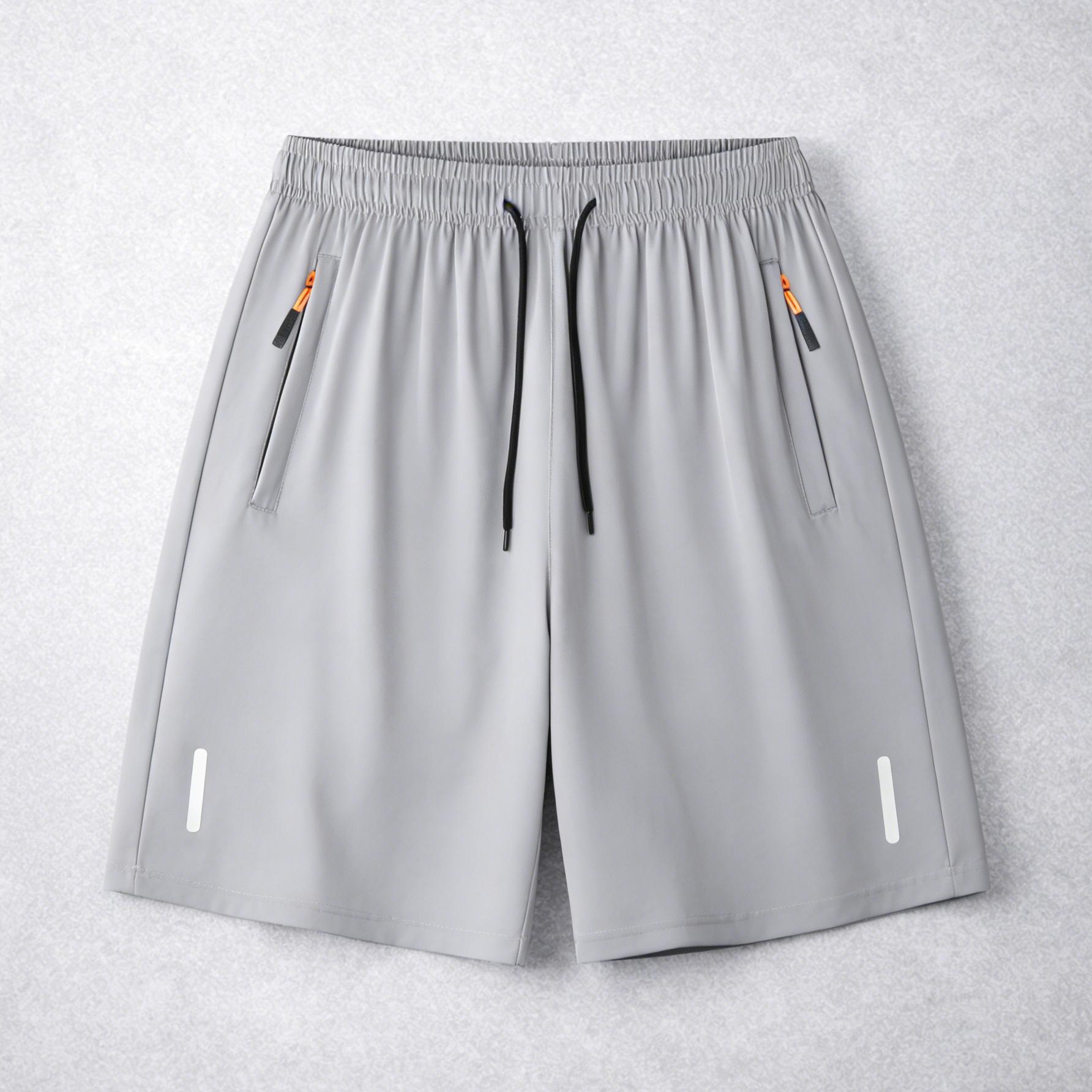 Men’s casual breathable shorts; men’s quick-dry shorts with reflective stripe print; ice silk shorts with zippered pockets; quick-drying, lightweight sports/fitness shorts—ideal for summer leisure and active wear, suitable for significant athletic activit