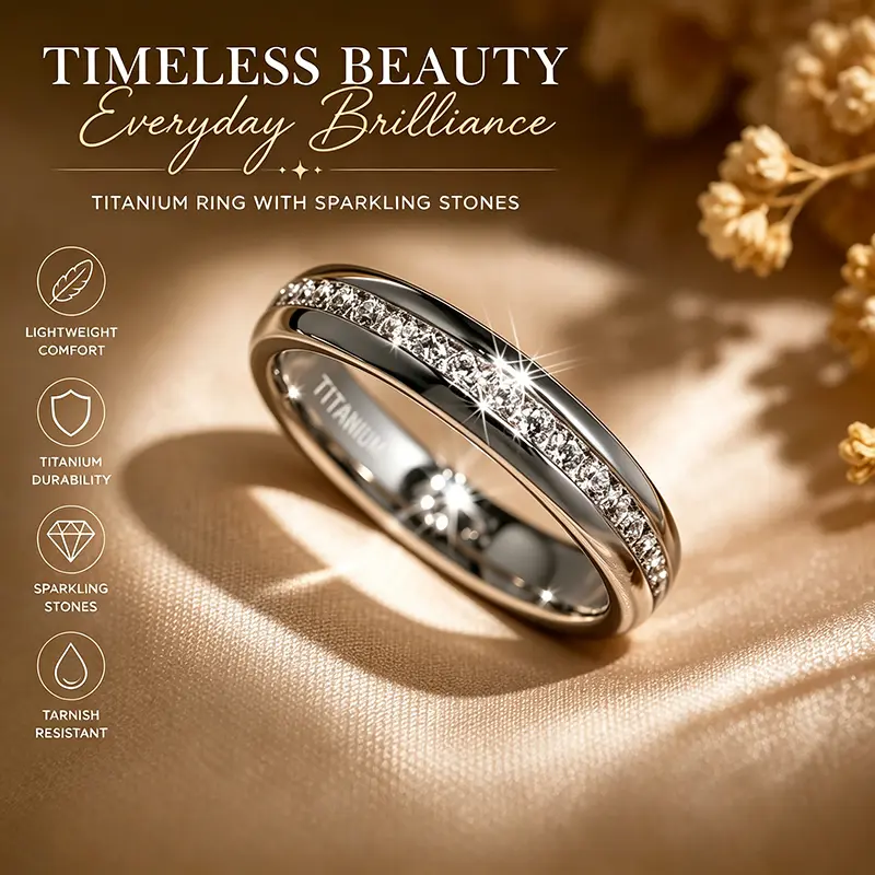 Titanium alloy 5-piece set, low-allergen wedding and engagement rings for women, elegant coated everyday wear rings, 4 mm wide stainless steel Bohemian-style round-cut synthetic zirconia jewelry resistant to oxidation, suitable for stress relief, remembra