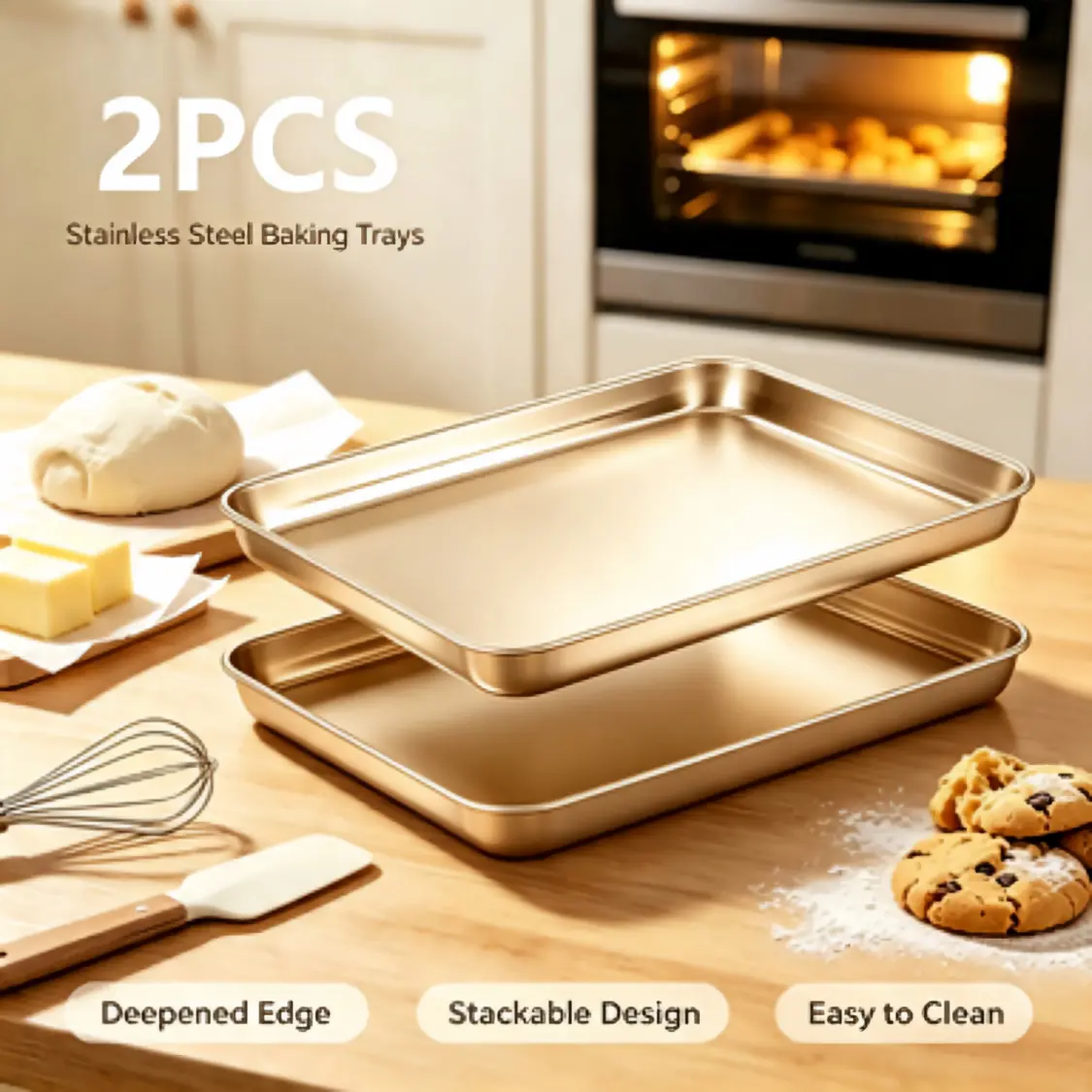 2PCS Stainless Steel Baking Sheet Pan, Rectangle Oven Baking Tray, Durable Cookie Sheet Bakeware for Baking, Roasting, Cooking