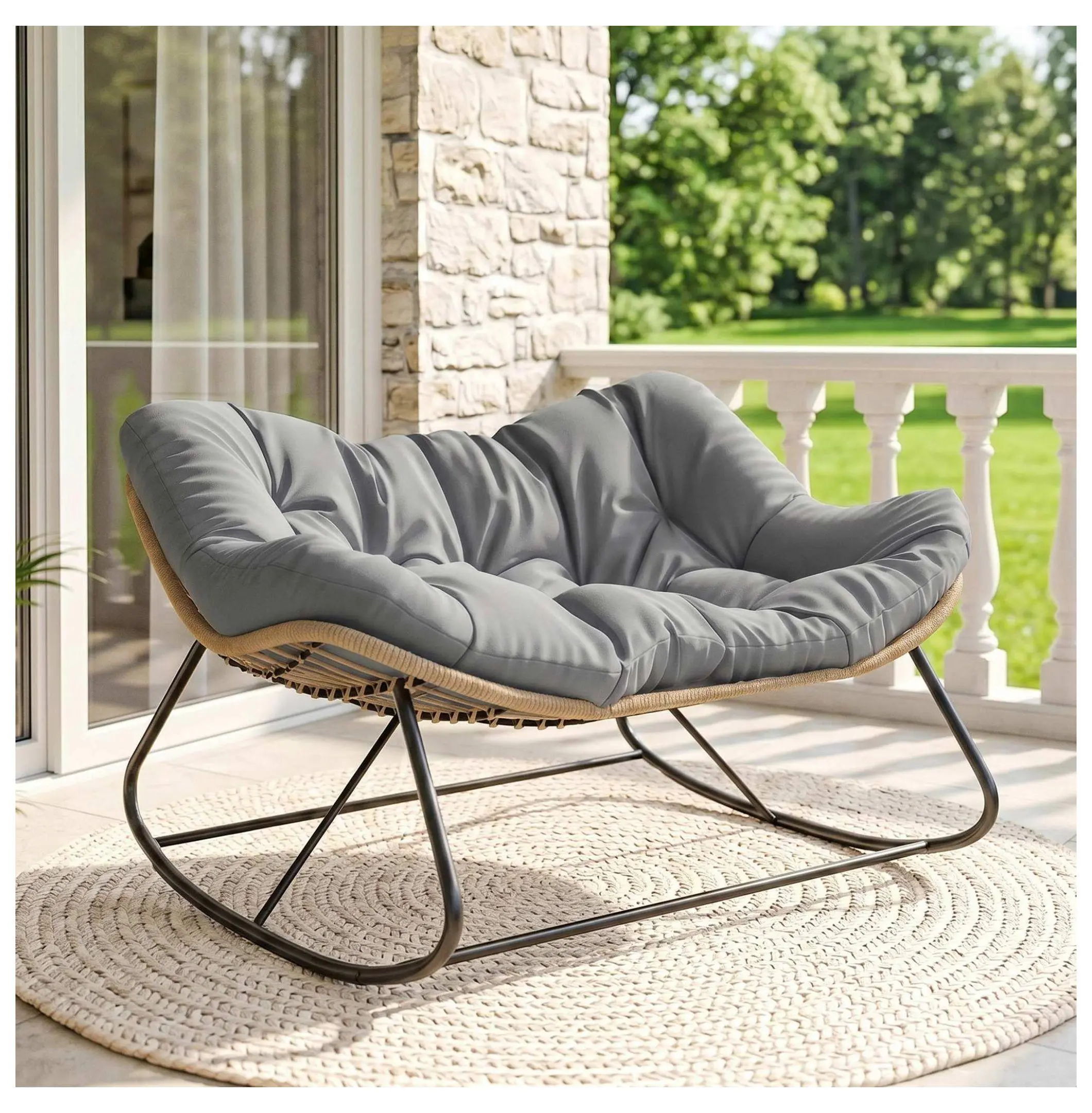 Double Papasan Rocking Chair, Oversized Egg Chair with Cushion, Outdoor Patio Rocker Gray