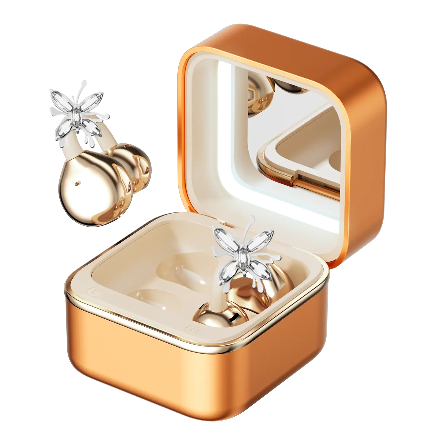 CHENRUIDA Mini Square Wireless Bluetooth Earphones  Features a built-in makeup mirror and fill light, portable makeup tool, 360° panoramic sound effect + active noise cancellation, soft silicone ear tips for comfortable wear, and extra-long battery life.