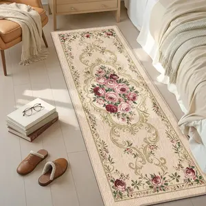 Retro French Rose Floral Long Runner Rug, Soft Touch Embroidery, Ideal for Kitchen, Hallway, Living Room, Bedroom, High Aesthetic Home Decor