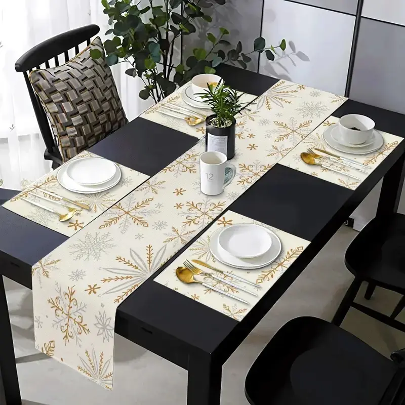Winter Table Runner Placemats Set, Snowflake Design, Snowflake Pattern, Elegant Design, 5-7 Pieces, Table Setting, Kitchen Linens Dining Room Living Room Decor, Festive Home Decoration, Seasonal Charm, Table Protection