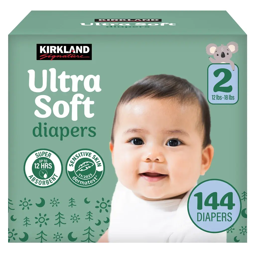 Kirkland Signature Taped Unisex Plastic Disposable Diapers, Size 2 Small (4kg-8kg), 144 Count, for 3-6 Months Babies, Super Absorbent, Dermatologically Tested, Pocketed Waistband