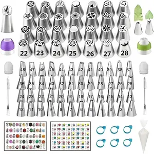 193 pcs russian piping tips set with 28 numbered russian tips48 numbered icing tips1 ball tip2 leaf tipspattern chart100 pastry bags4 couplers6 bag ties for cake decorating