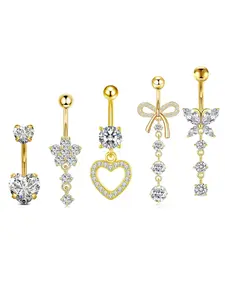 5PCS Silver/Goden/Pink Tone Butterfly & Flower Navel Ring Set Stainless Steel Dangle Belly Button Piercing Body Jewelry For Women