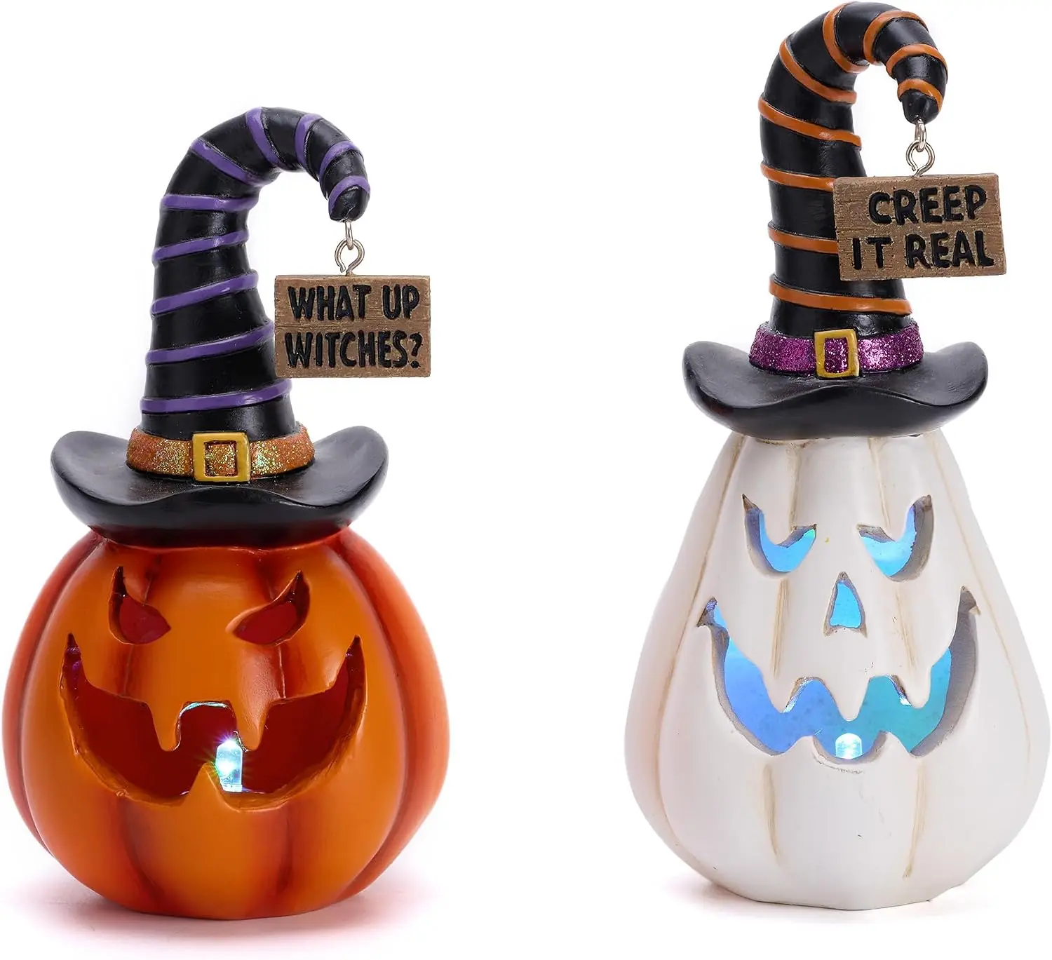 2-Pcs 6.5in Madelyn Resin Halloween Decorations, Light-Up White & Orange Jack o' Lantern Figurines with Witch Hat for Indoor Home Table Tiered Tray