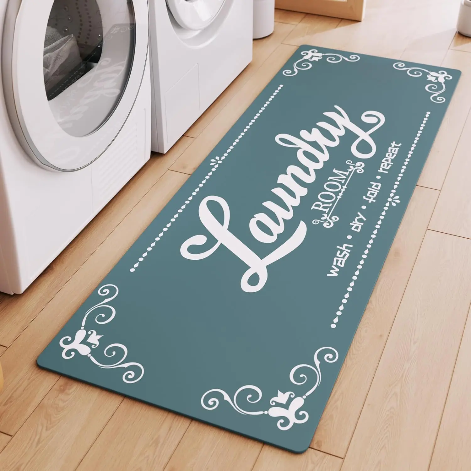 Laundry Room Rug Runner, 17.7"x45" Non Slip Teal Laundry Rugs, Farmhouse Washable Floor Laundry Mats for Laundry Room, Mudroom, Kitchen, Washroom, Bathroom, Hallway Entryway Area Rugs Decor