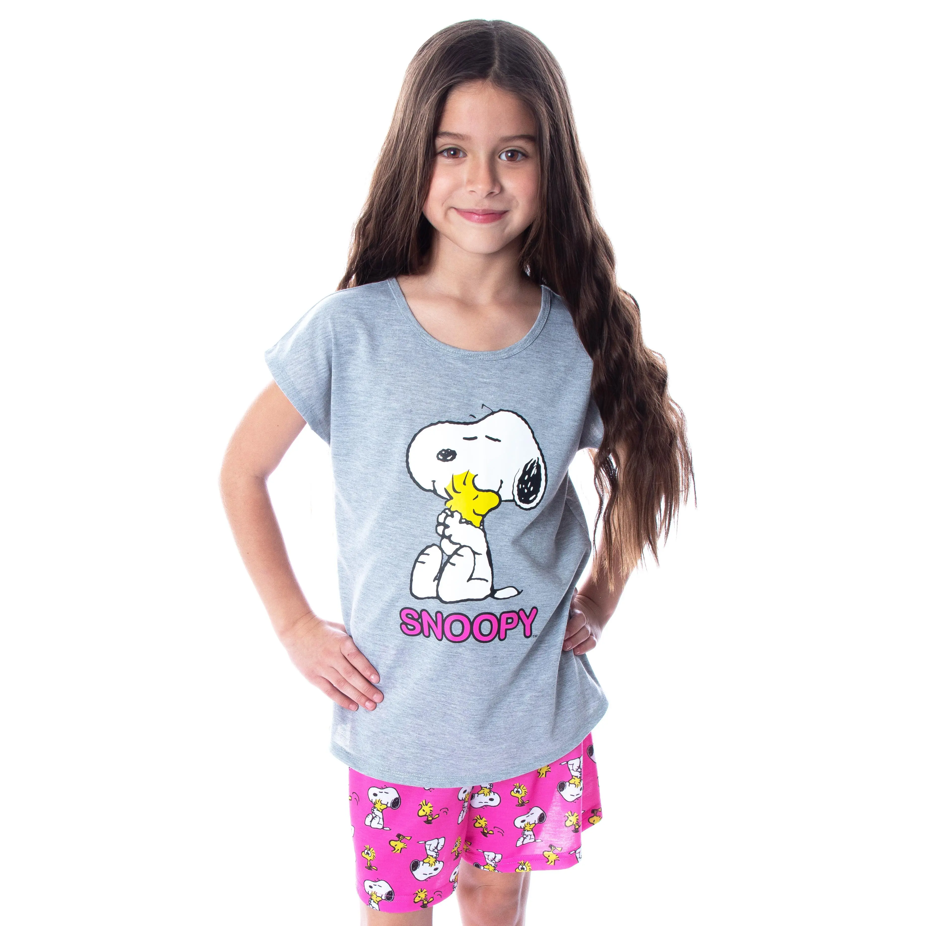 Peanuts Girls' Pajamas Snoopy and Woodstock Shirt And Shorts 2 Piece Pajama Set, Pajama Outfit, Crew Neck