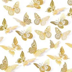 3D Butterfly Wall Decor 48 Pcs 4 Styles 3 Sizes, Gold Butterfly Decorations for Butterfly Birthday Decorations Butterfly Party Decorations Cake Decorations, Removable Stickers (Gold) Metallic Toppers