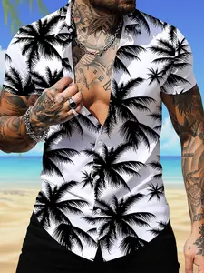 Men's All Over Tropical Palm Tree Print Button Front Shirt, Regular Fit Casual Short Sleeve Collared Top for Summer, Men's Clothes for Beach Vacation