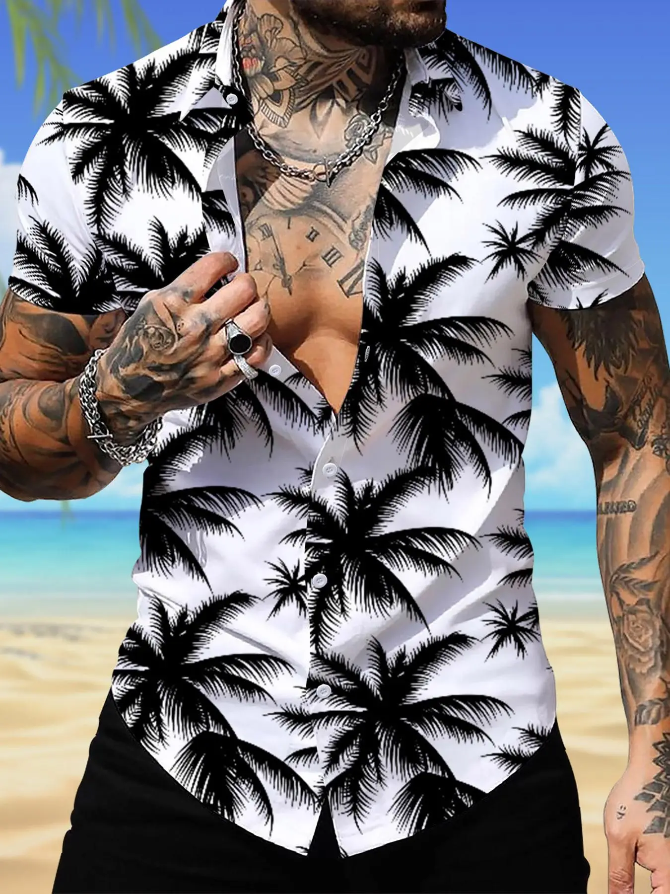 Men's All Over Palm Tree Print Button Front Shirt, Regular Fit Casual Short Sleeve Collared Top for Summer, Men's Clothes for Beach Vacation