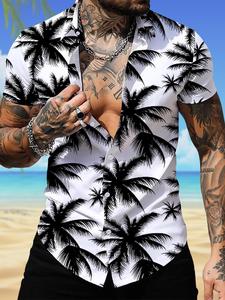 men's all over palm tree print button front shirt, regular fit casual short sleeve collared top for summer, men's clothes for beach vacation