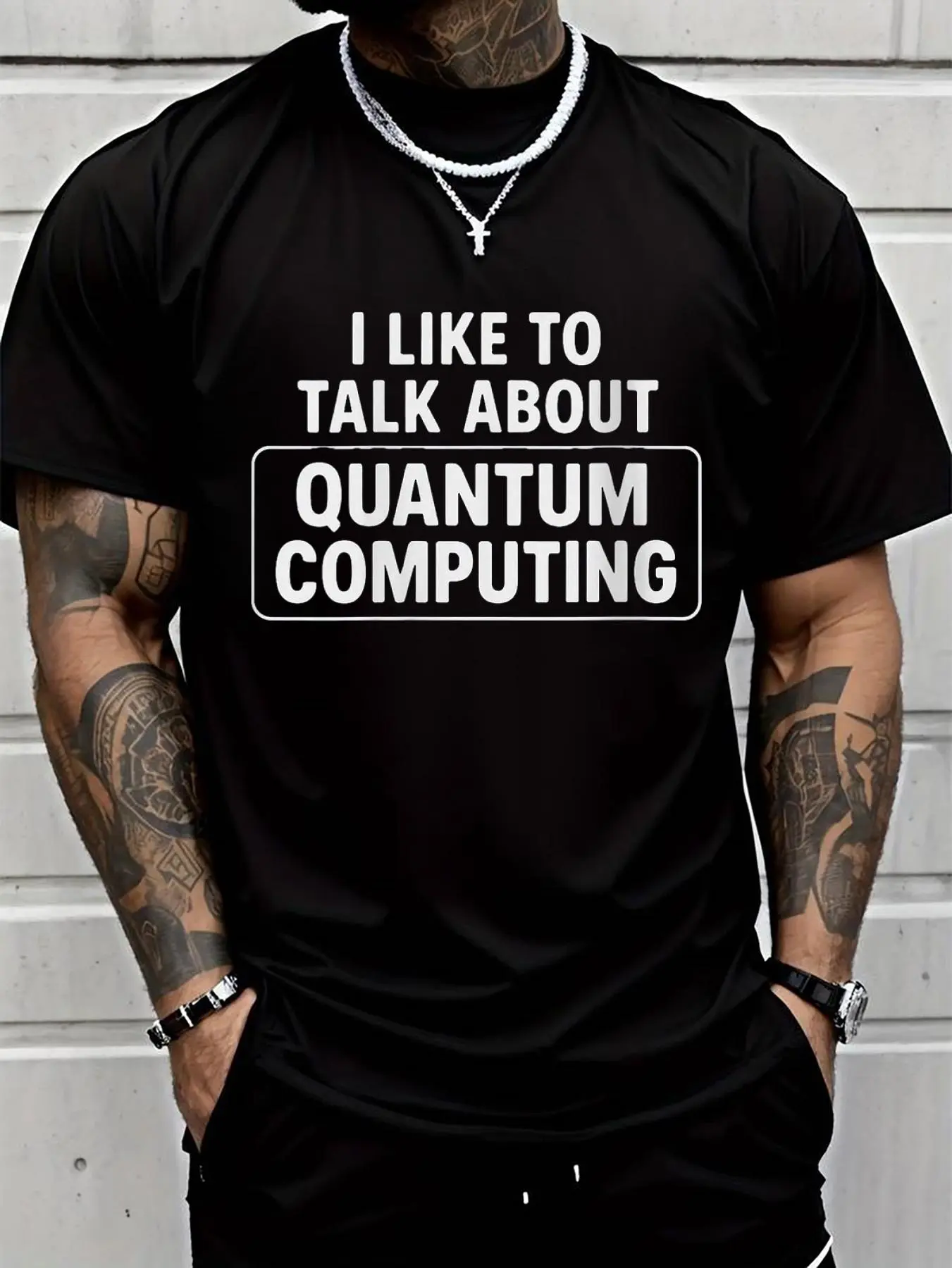 100% cotton Mens Quantum Computing Talk Nerdy Science Humor Geek o-neck T-Shirt Men Graphic T-Shirt Cotton Print short Sleeve Casual Top, Summer Tee Mens Tops