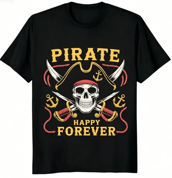 Vintage Pirate Skull Anchor Sword Happy Forever Graphic T-Shirt, Retro Nautical Pirate Streetwear Tee, 100% Cotton, Unisex Fit Men & Women