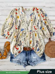 【Plus Size】 Floral Printed V-Neck Blouse, Spring and Summer Casual Short Sleeve Top, Going Out Top, Women's Clothing for Daily Casual Wear, Soft Women's Clothing Top