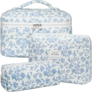 Quilted Makeup Bag Set, 3 count Large Checkered Corduroy  Bags, CuteFloral   Makeup Bag Toiletry Zipper Pouch Bag for Women and Girls