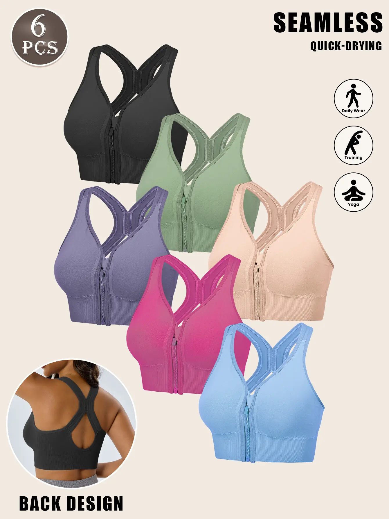 Women's 6-Pack Front Zipper Seamless Racerback Wireless Bra - Quick-Dry Breathable Post-Surgery Bra for Daily Yoga, Workout (Plus Size)